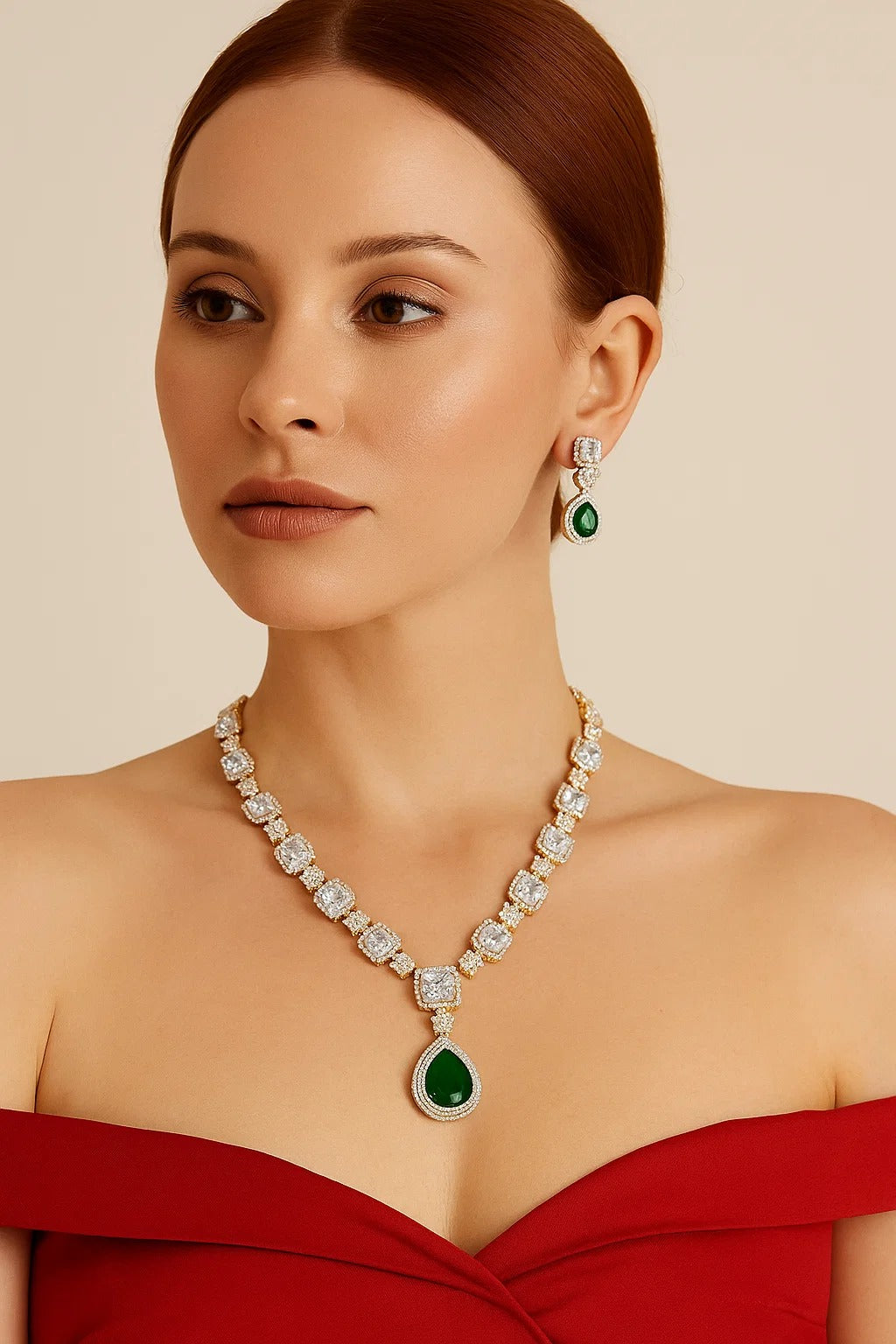 Emerald Green Diamond Look Necklace Set